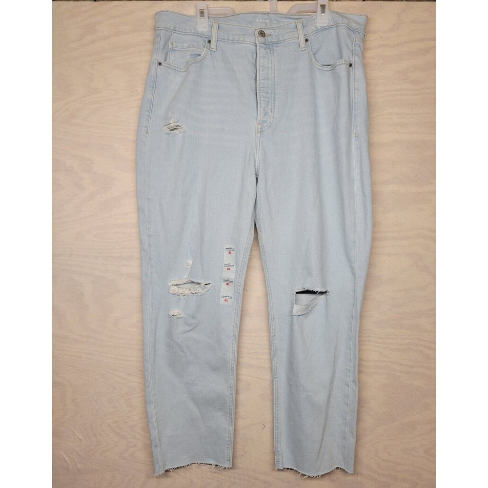 Old Navy Women's SZ 18 Sky-Hi Straight Jeans Button Fly Raw Hem Stone Wash New